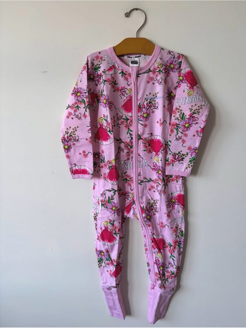 Bonds Pink Floral Heart Zip-Front Footed Pajamas